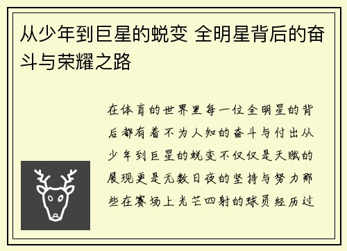 从少年到巨星的蜕变 全明星背后的奋斗与荣耀之路 从少年到巨星的蜕变 全明星背后的奋斗与荣耀之路