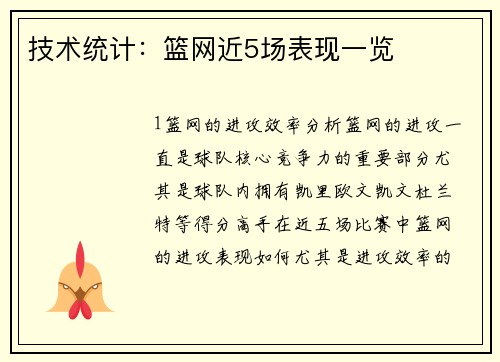 技术统计：篮网近5场表现一览