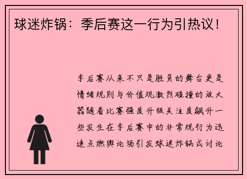 球迷炸锅：季后赛这一行为引热议！
